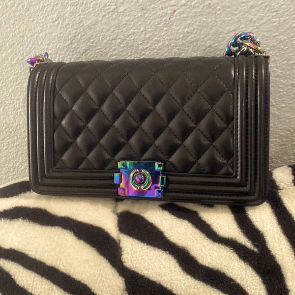 Ainifeel Black Leather Luxury Bag with Rainbow Chain - Rare Find, New with Tag❤️
